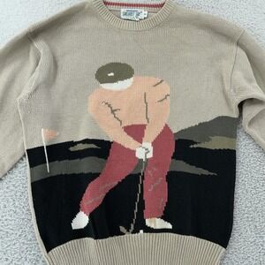 Vintage‎ Sansabelt Golf Sweater Mens Small Tan Crewneck Golfer Intarsia 90s